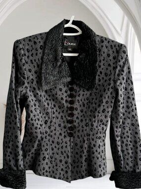 B Louise Womens Blazer 10 Black Poodlecloth Animal Print French Cuff Faux Jacket